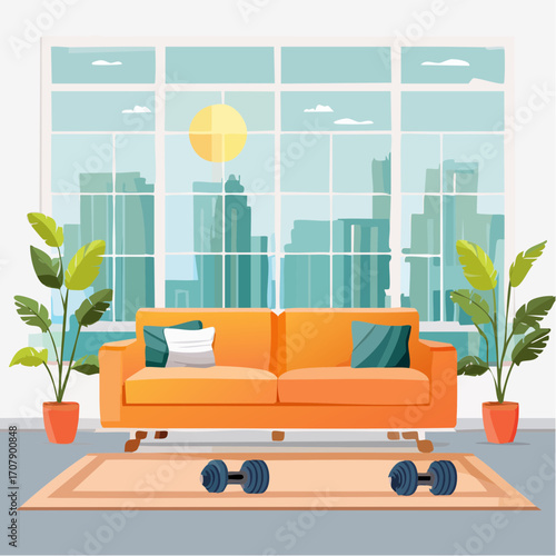 Orange Sofa With Dumbbells In Modern Apartment Living Room With City View