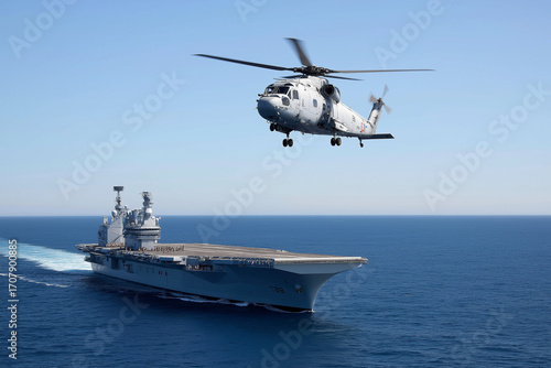 Helicopter flying over a naval ship in clear blue waters