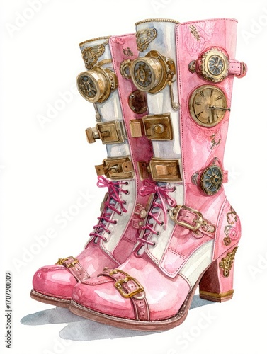 Pair of pink high-heeled boots, embellished with intricate steampunk-inspired clockwork mechanisms and metallic accents.  Watercolor style
