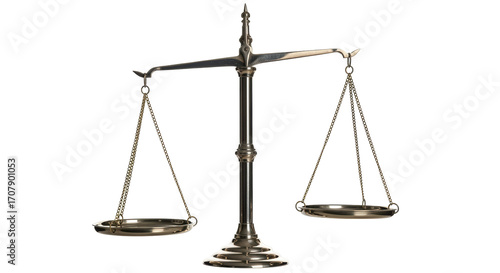 Isolated antique golden weighing scale tool in equilibrium for law, justice or balance