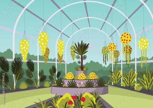 Public orangery flat vector illustration. Greenhouse tour. Botanical garden, plant nursery, flowers growing