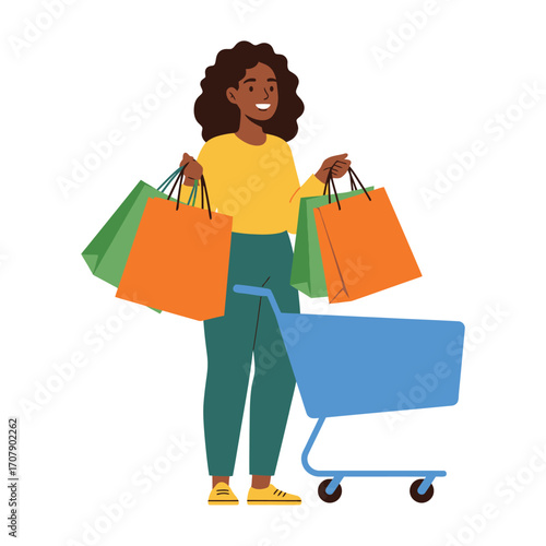 Vector art of young black woman with curly hair holding shopping bags and standing next to a shopping cart
