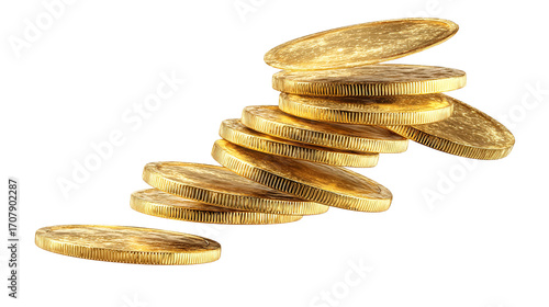 flying golden casino chips isolated on transparent white background, 