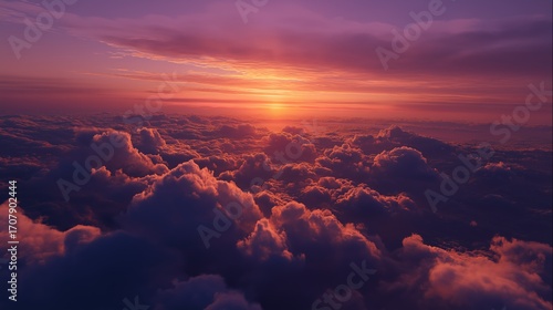 POV view, you are gliding past a glowing sunset, orange and purple skies stretching endlessly, your shadow cast on the clouds
