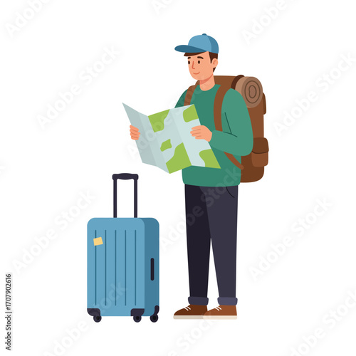 Vector art of a young man with a backpack and suitcase holding a map