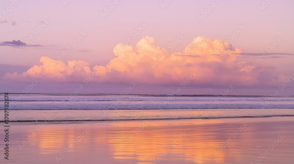 Fototapeta premium sand. A breathtaking tropical beach sunset with vibrant clouds and golden reflections on the wet sand. inspiring travel planning, travel magazines, designed for outdoor magazines and nature guides.