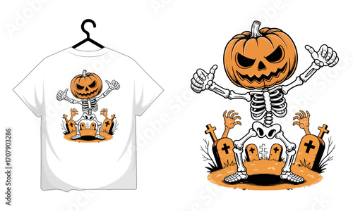 Spooky halloween skeleton with jack o lantern head and thumbs up in graveyard T-shirt