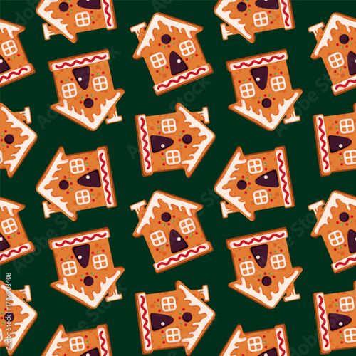 Christmas Gingerbread cookie house seamless pattern in Cartoon. Decor textile, xmas holidays wrapping paper.