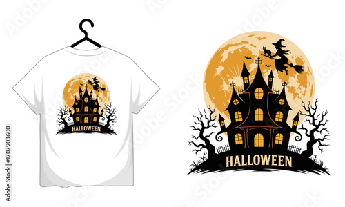 Spooky halloween haunted house silhouette with witch flying by the full moon and bats T-shirt