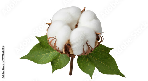 Isolated cotton flower, boll with plant stalk and green leaves for harvest and textile industry
