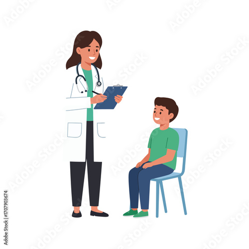 Vector art of a smiling female doctor wearing a white coat and stethoscope holds a clipboard while a young boy sits on a chair in a medical examination room