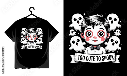 Adorable cartoon boy surrounded by cute ghosts with the text too cute to spook T-shirt