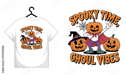 Fun halloween t shirt design featuring pumpkins with spooky time ghoul vibes text