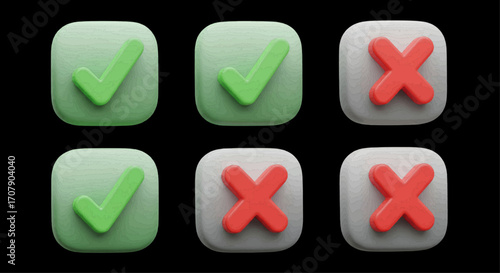 3D illustration of green checkmarks and red crosses, representing concepts of approval, denial, correctness, and choice for user interfaces