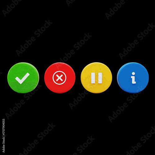 Collection of four circular icons with different functions checkmark, cross, pause, and information, on a black background