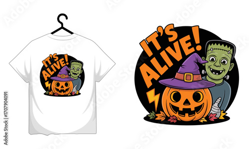Frankenstein and jack o lantern halloween design it s alive text T-shirt