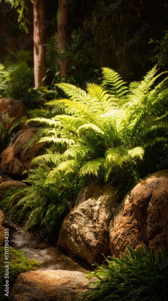 Fototapeta premium Lush green ferns grow beside a mossy stream flowing over rocks in a shaded forest setting