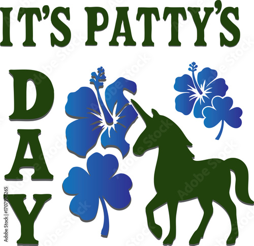"Patty’s Day Magic Art for PATTY’s Celebration" A whimsical illustration of a unicorn wearing a pale green top hat and a black ribbon with a four-leaf clover. Its mane is a mix of green, pink, and gra
