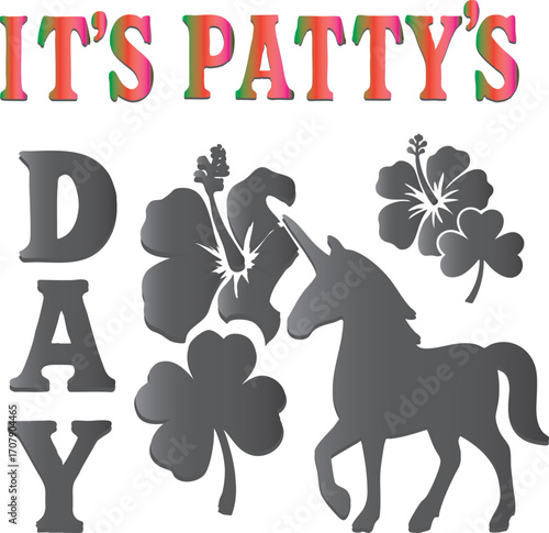 "Patty’s Day Magic Art for PATTY’s Celebration" A whimsical illustration of a unicorn wearing a pale green top hat and a black ribbon with a four-leaf clover. Its mane is a mix of green, pink, and gra