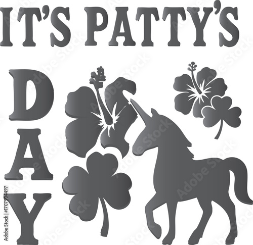 "Patty’s Day Magic Art for PATTY’s Celebration" A whimsical illustration of a unicorn wearing a pale green top hat and a black ribbon with a four-leaf clover. Its mane is a mix of green, pink, and gra