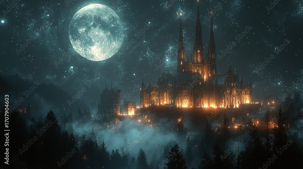 Fototapeta premium Enchanting gothic castle ablaze at night, under a full moon.