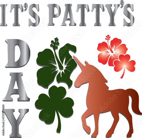 "Patty’s Day Magic Art for PATTY’s Celebration" A whimsical illustration of a unicorn wearing a pale green top hat and a black ribbon with a four-leaf clover. Its mane is a mix of green, pink, and gra
