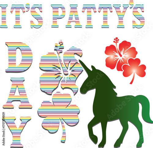 "Patty’s Day Magic Art for PATTY’s Celebration" A whimsical illustration of a unicorn wearing a pale green top hat and a black ribbon with a four-leaf clover. Its mane is a mix of green, pink, and gra
