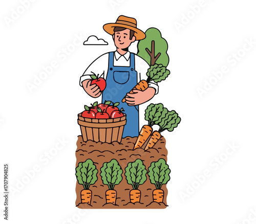Happy farmer holding fresh vegetables and fruits in a bountiful harvest scene