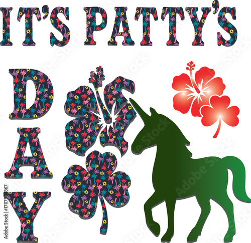 "Patty’s Day Magic Art for PATTY’s Celebration" A whimsical illustration of a unicorn wearing a pale green top hat and a black ribbon with a four-leaf clover. Its mane is a mix of green, pink, and gra