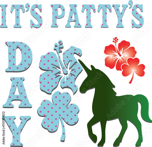 "Patty’s Day Magic Art for PATTY’s Celebration" A whimsical illustration of a unicorn wearing a pale green top hat and a black ribbon with a four-leaf clover. Its mane is a mix of green, pink, and gra