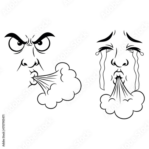 Two stylized faces blowing smoke or steam isolated on white background