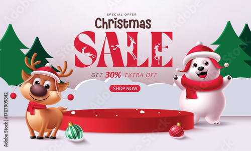 Christmas sale in paper cut design with cute reindeer and polar bear with ornaments and trees. Perfect for holiday ads, banners, flyers, and promotions vector illustration.