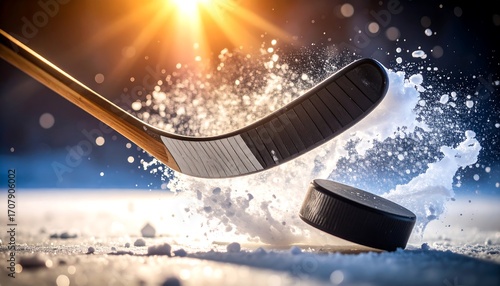 Ice Hockey Stick Hits Puck with Explosive Splash.
