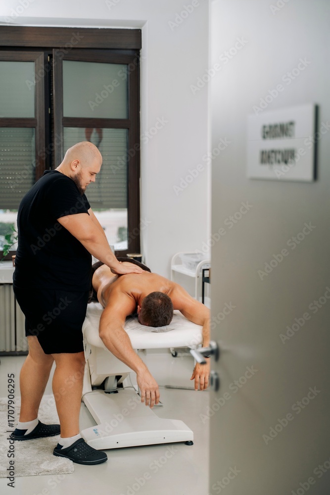 Fototapeta premium Massage therapist performing back massage in modern physiotherapy clinic