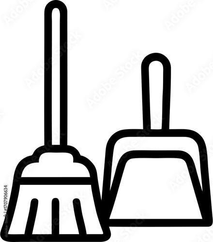 Flat vector icon of a broom and dustpan, representing cleaning tools