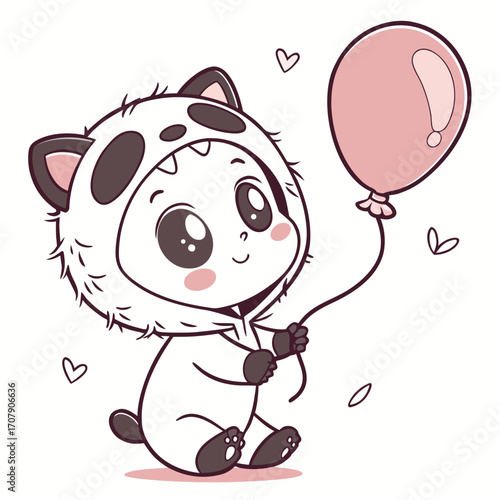 Vector art of cute baby in panda costume holding a balloon