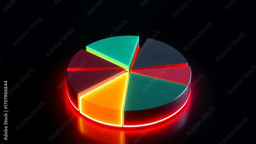 Obraz premium 3D neon glowing pie chart infographic on dark background, futuristic cyberpunk data visualization.