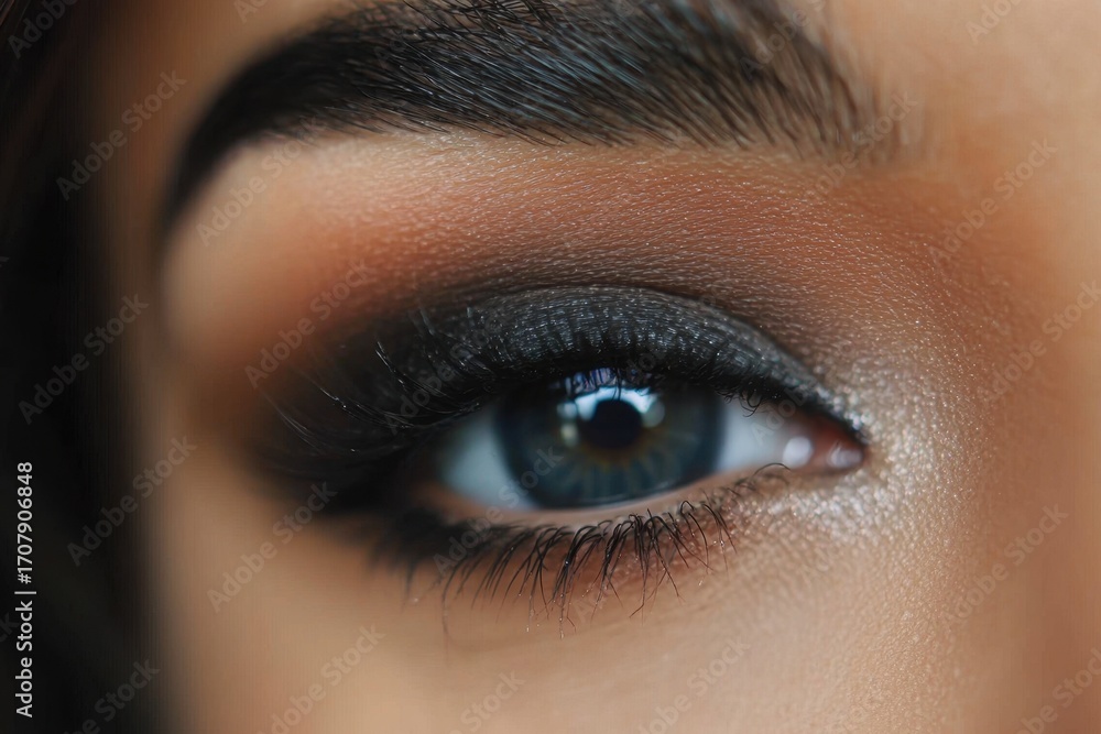 Obraz premium Smokey eye makeup with deep charcoal and brown hues on blue eye, featuring long eyelashes and smooth skin texture, creating dramatic and elegant look