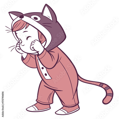 Vector art of cute little girl in a cat costume posing