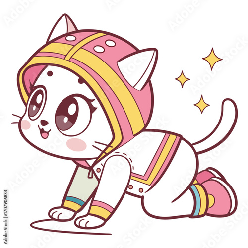 Vector art of adorable kitten in a helmet, cartoon character design