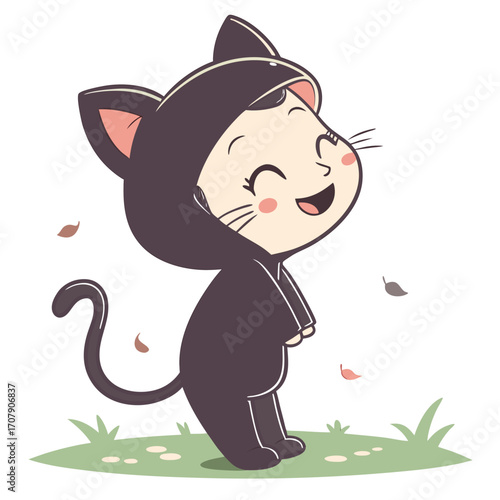 Vector art of happy kitten in a cat costume, cartoon illustration
