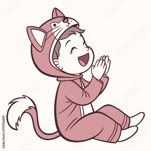 Vector art of happy little boy in a cat costume clapping
