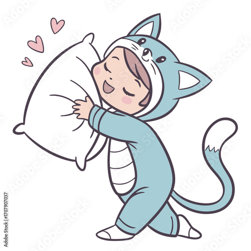 Vector art of sleeping baby in a cat costume hugging a pillow