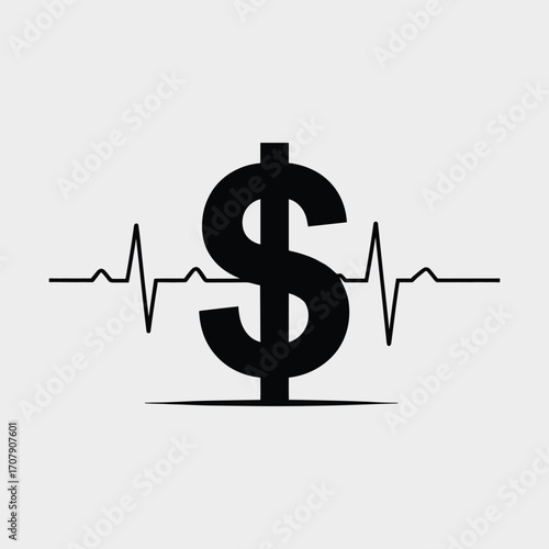 Dollar sign integrated with a heartbeat line on a white background Keywords: dollar, sign, currency