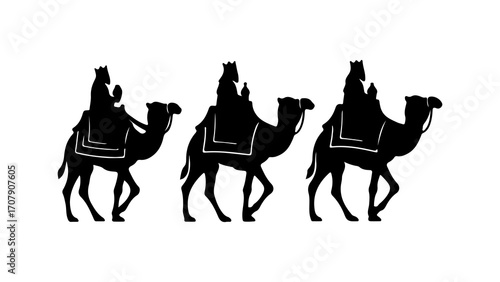 Three camels with riders with transparent background