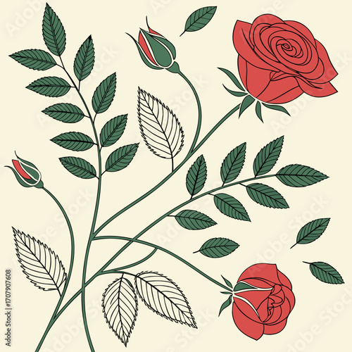 Vector art of seamless pattern with red roses, buds and leaves on a light background