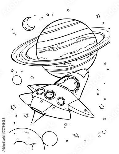  Rocket Flying Near Saturn Planet in Space Colouring Page