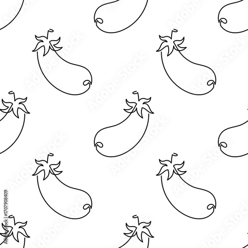 Single line eggplant cartoon seamless pattern. Food vegetable flat illustration isolated on white background. Eggplant in Doodle style. Food illustration line art