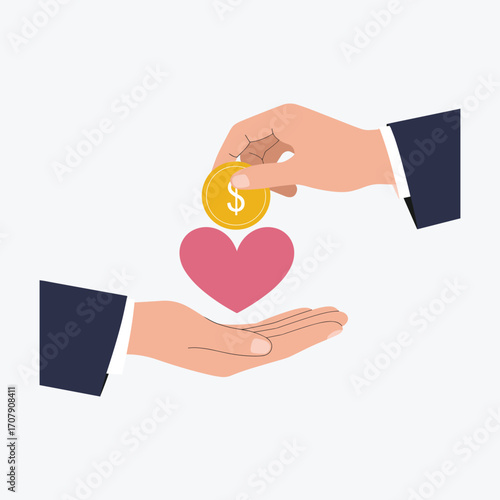 Hand giving a gold coin to another hand holding a pink heart Keywords: hand, giving, coin, gold