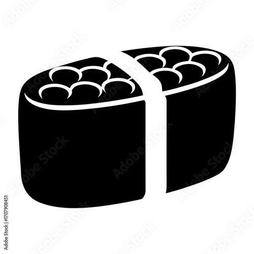 Monochrome Illustration of Ikura Gunkanmaki Sushi with Seaweed Wrap and Rice Base
